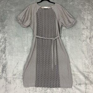 Garnet Hill Dress Womens L Black Tan Imogen Linen Midi Puff Sleeve Belted Print‎